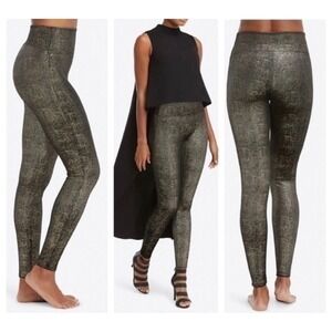 Spanx Gold Black Shine Velvet Leggings 20188R Metallic Crackle High Waist Medium